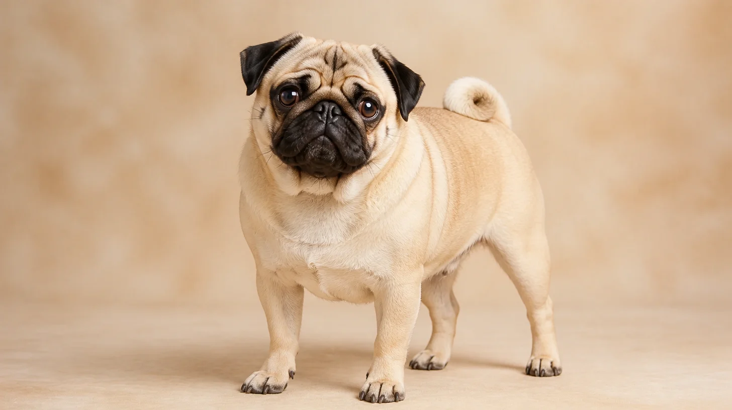 Pug adulto fulvo com máscara preta em pé, olhando para a câmera