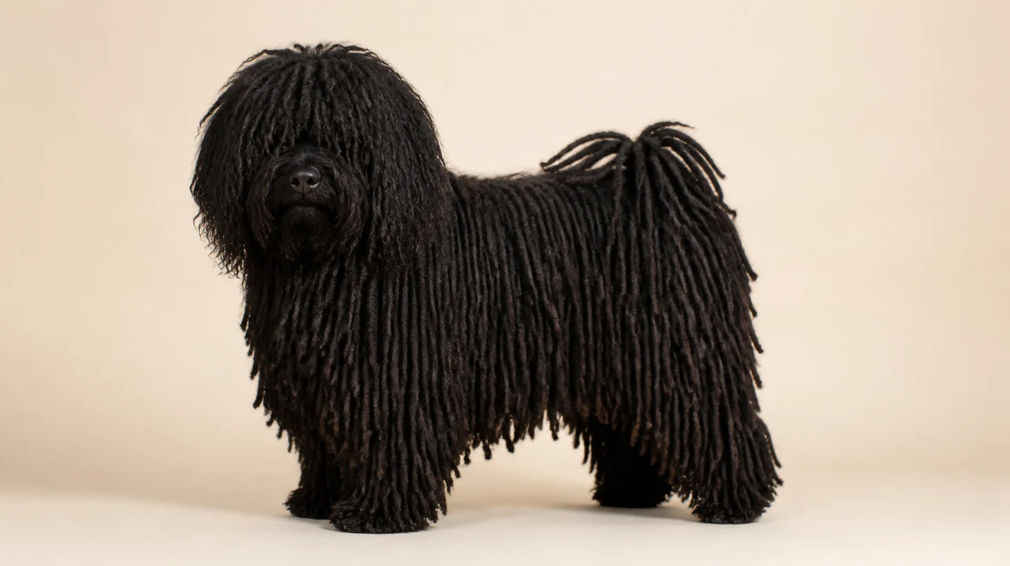 Puli adulto, preto, médio, pelagem cordada longa e cauda sobre o dorso, fotografado sobre fundo bege