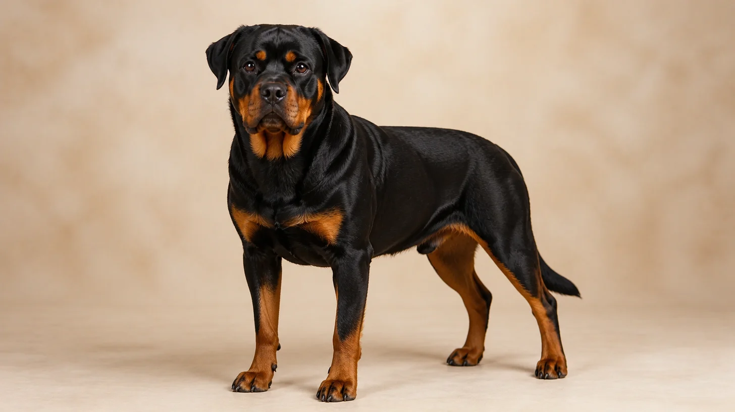Rottweiler adulto preto e castanho em pé, olhando para a câmera