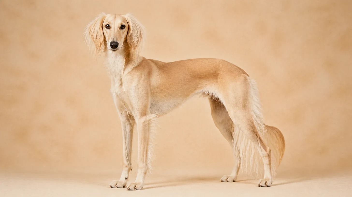 Saluki adulto, creme, esguio, orelhas franjadas e pernas muito longas, fotografado sobre fundo bege