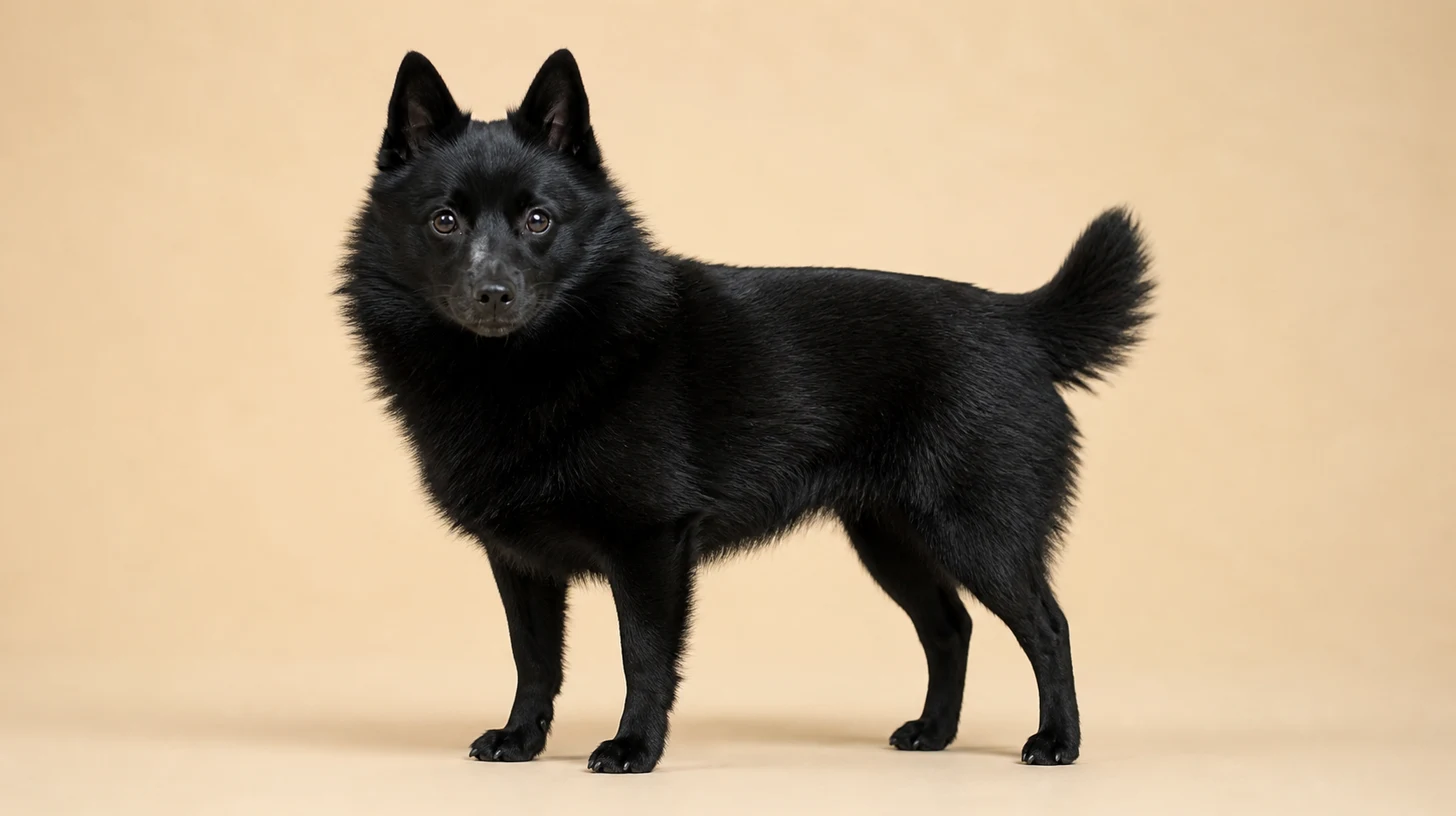 Schipperke adulto, preto, pequeno, sem cauda aparente, orelhas eretas e juba, fotografado sobre fundo bege