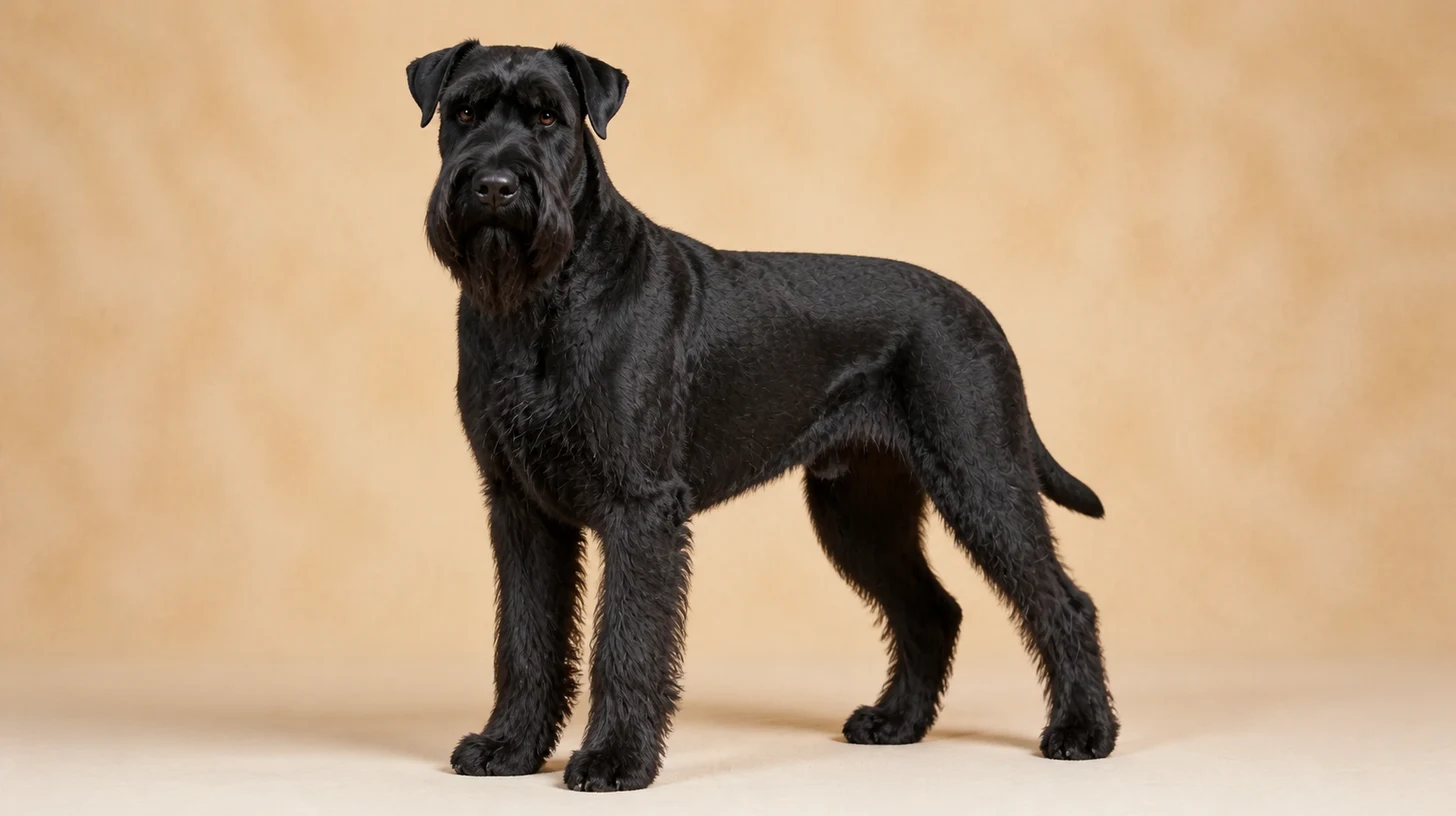 Schnauzer Gigante adulto, preto, grande, quadrado, barbudo e atlético, fotografado sobre fundo bege