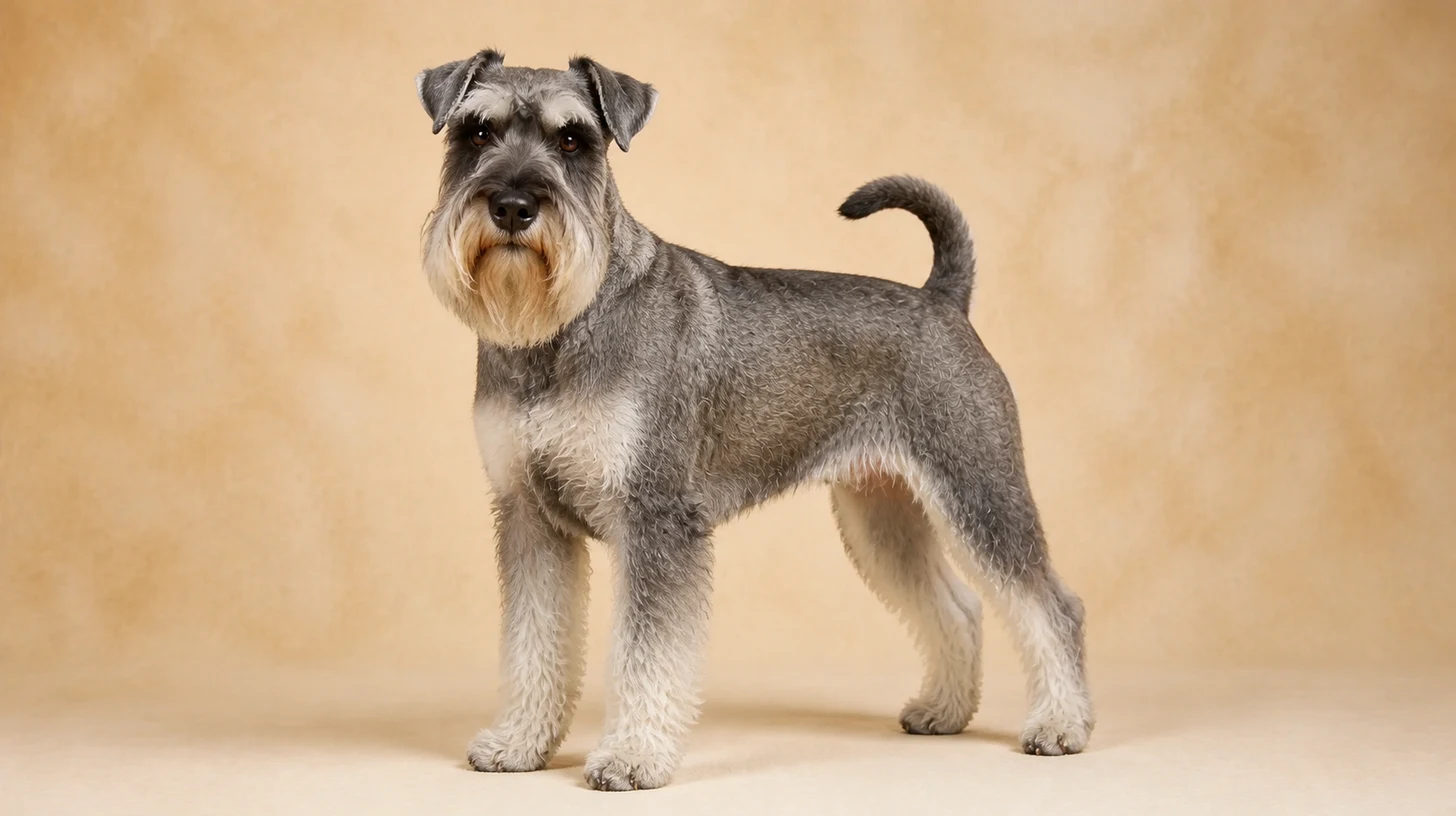 Schnauzer adulto, sal e pimenta, barba longa e sobrancelhas marcadas, fotografado sobre fundo bege