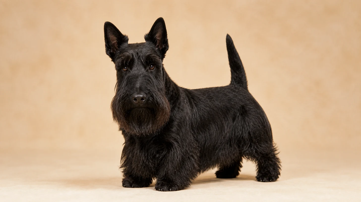 Scottish Terrier adulto, preto, baixo, barba longa e silhueta compacta, fotografado sobre fundo bege