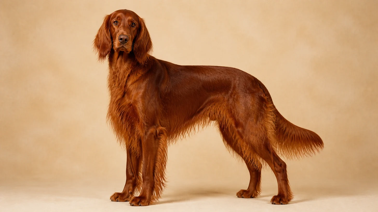 Setter Irlandês adulto, vermelho castanho, elegante, pelagem longa e franjas, fotografado sobre fundo bege