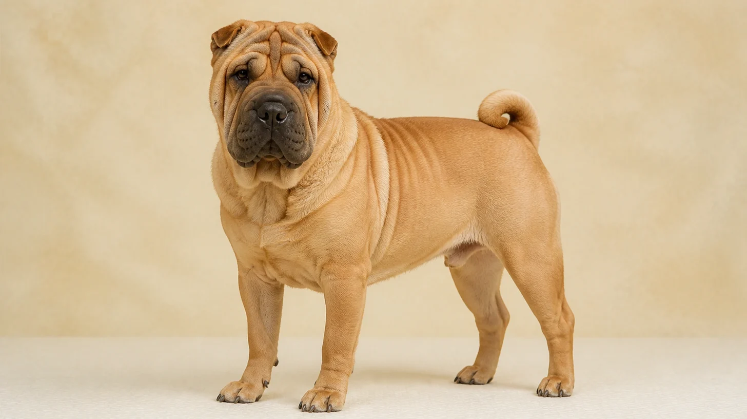 Shar Pei adulto fulvo com dobras na pele em pé, olhando para a câmera