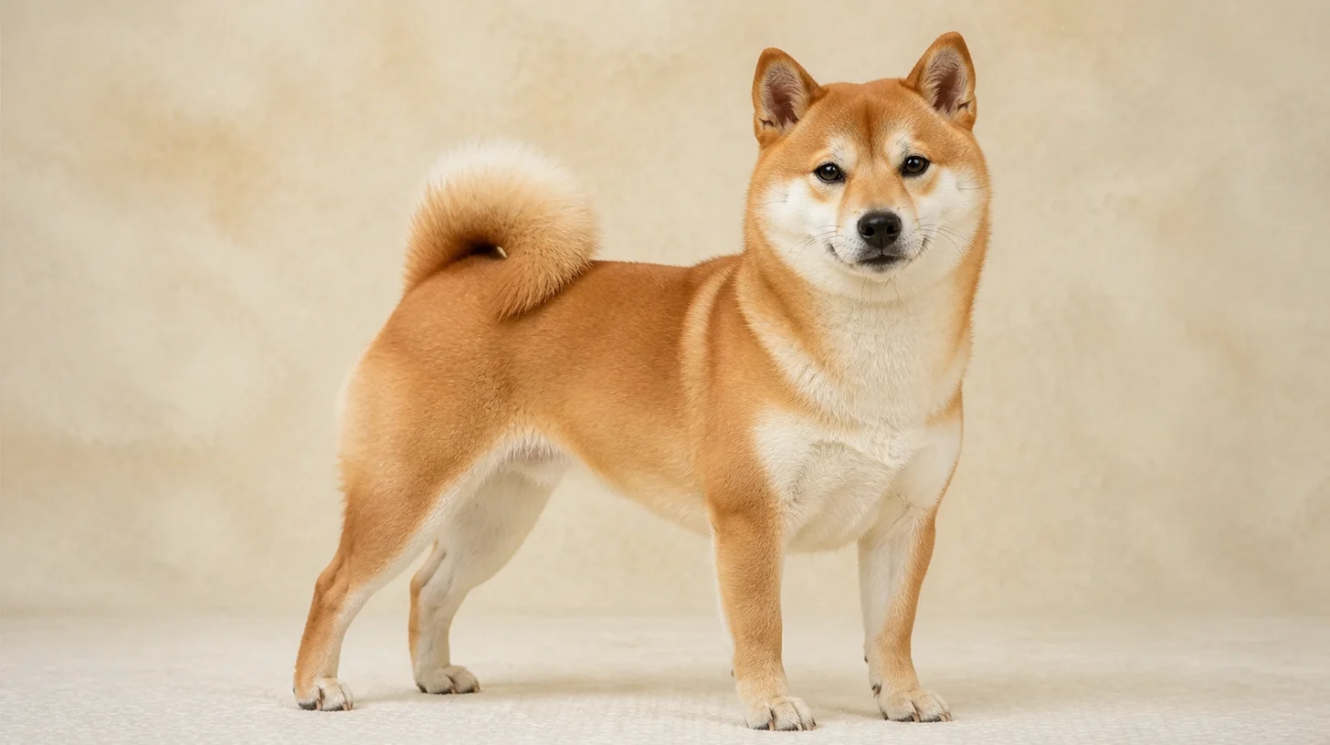 Shiba Inu adulto ruivo e creme em pé, olhando para a câmera