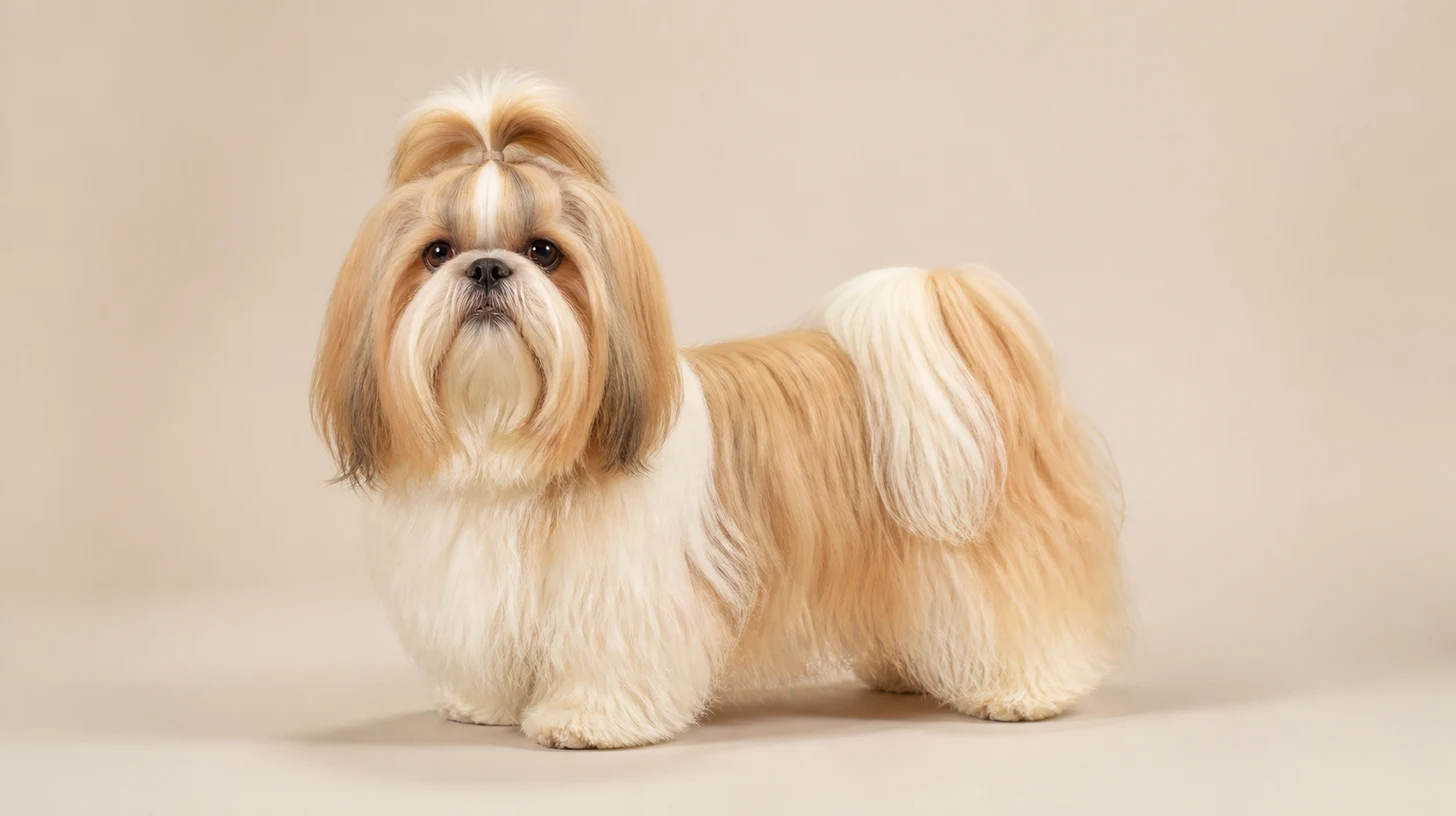 Shih Tzu de pelagem dourada e branca, em pé de corpo inteiro com topete, sobre fundo bege claro