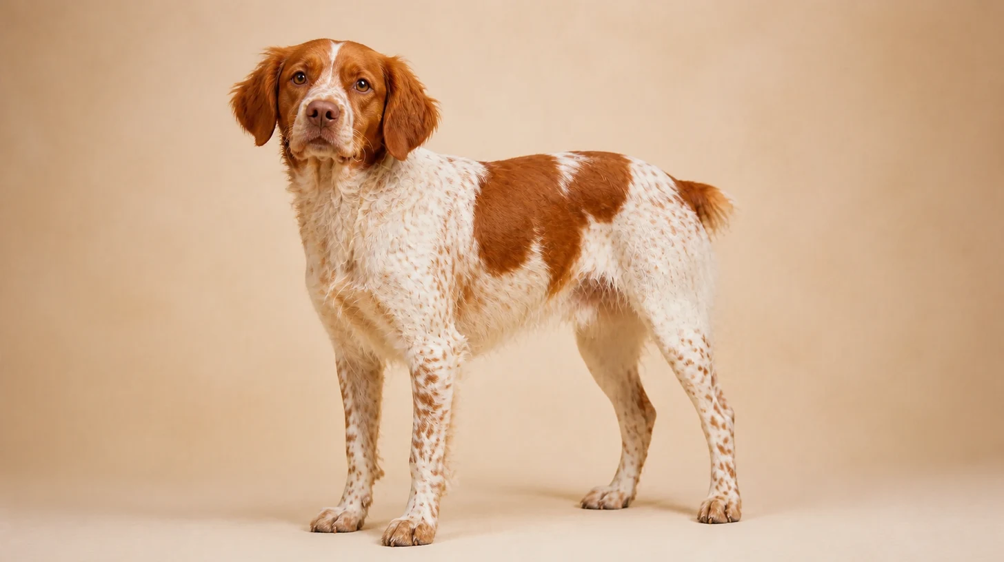 Spaniel Bretão adulto, branco e laranja, compacto, atlético e de expressão alerta, fotografado sobre fundo bege