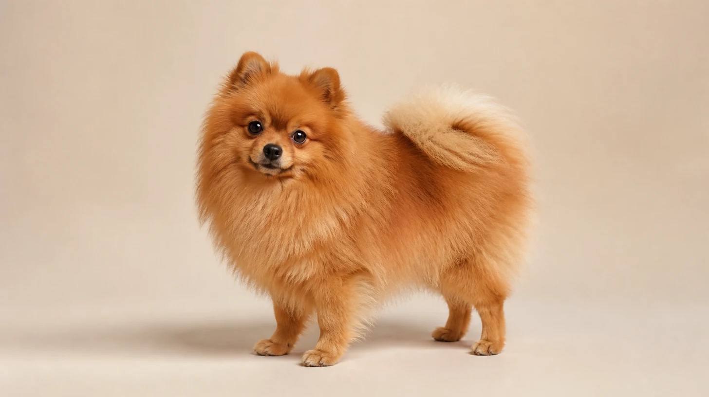 Spitz Alemão anão de pelagem laranja, em pé de corpo inteiro com a cauda sobre o dorso, sobre fundo bege claro