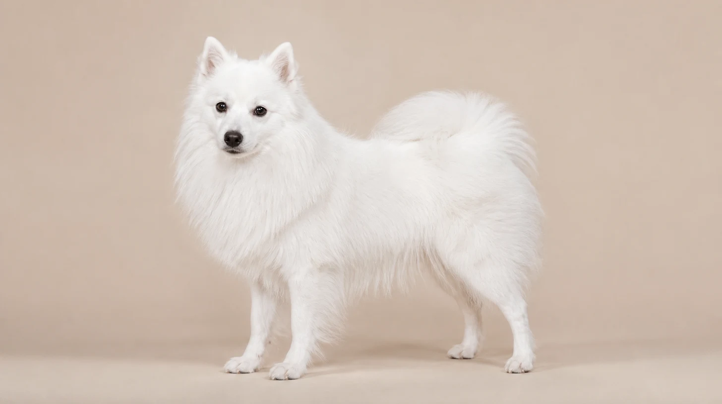 Spitz Japonês adulto, branco, pequeno, pelagem volumosa, focinho fino e cauda enrolada, fotografado sobre fundo bege