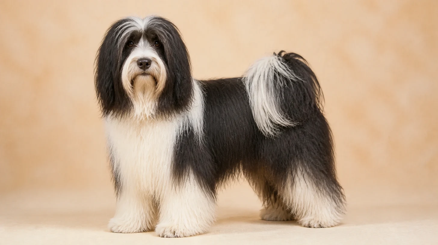 Terrier Tibetano adulto, branco e preto, pelagem longa cobrindo os olhos e cauda plumosa, fotografado sobre fundo bege