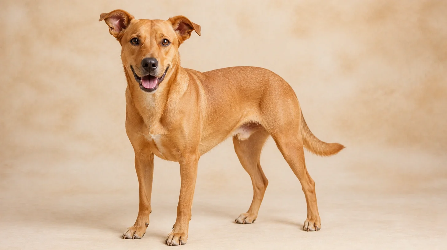 Cão vira-lata caramelo adulto em pé, olhando para a câmera