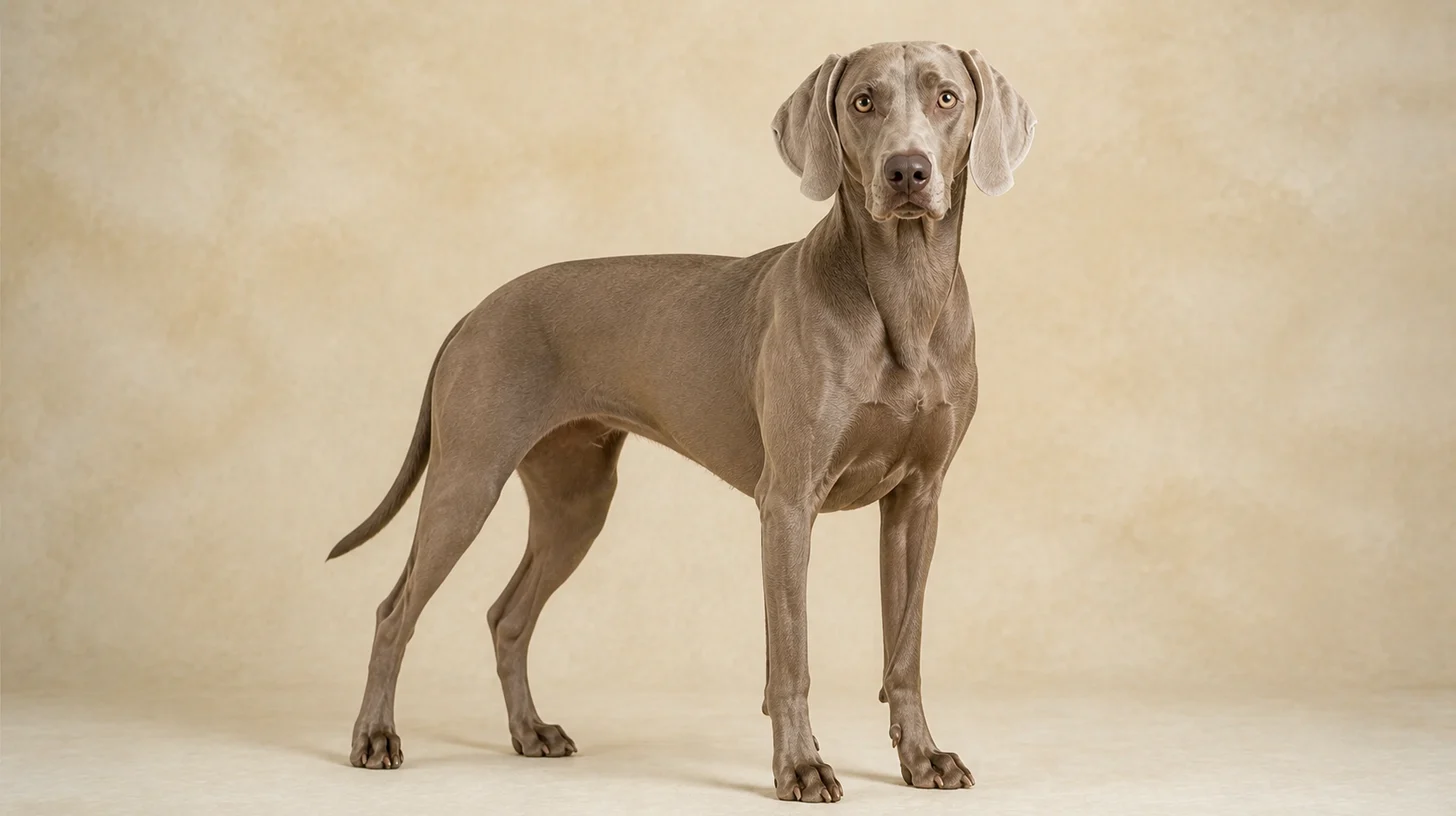 Weimaraner adulto cinza-prateado em pé, olhando para a câmera