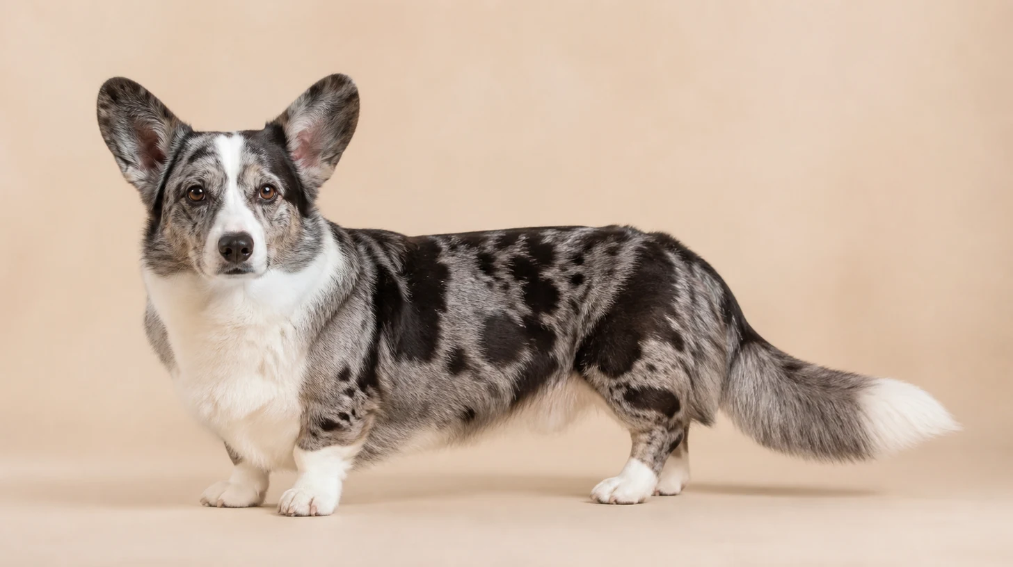 Welsh Corgi Cardigan adulto, blue merle e branco, corpo longo, pernas curtas e cauda comprida, fotografado sobre fundo bege