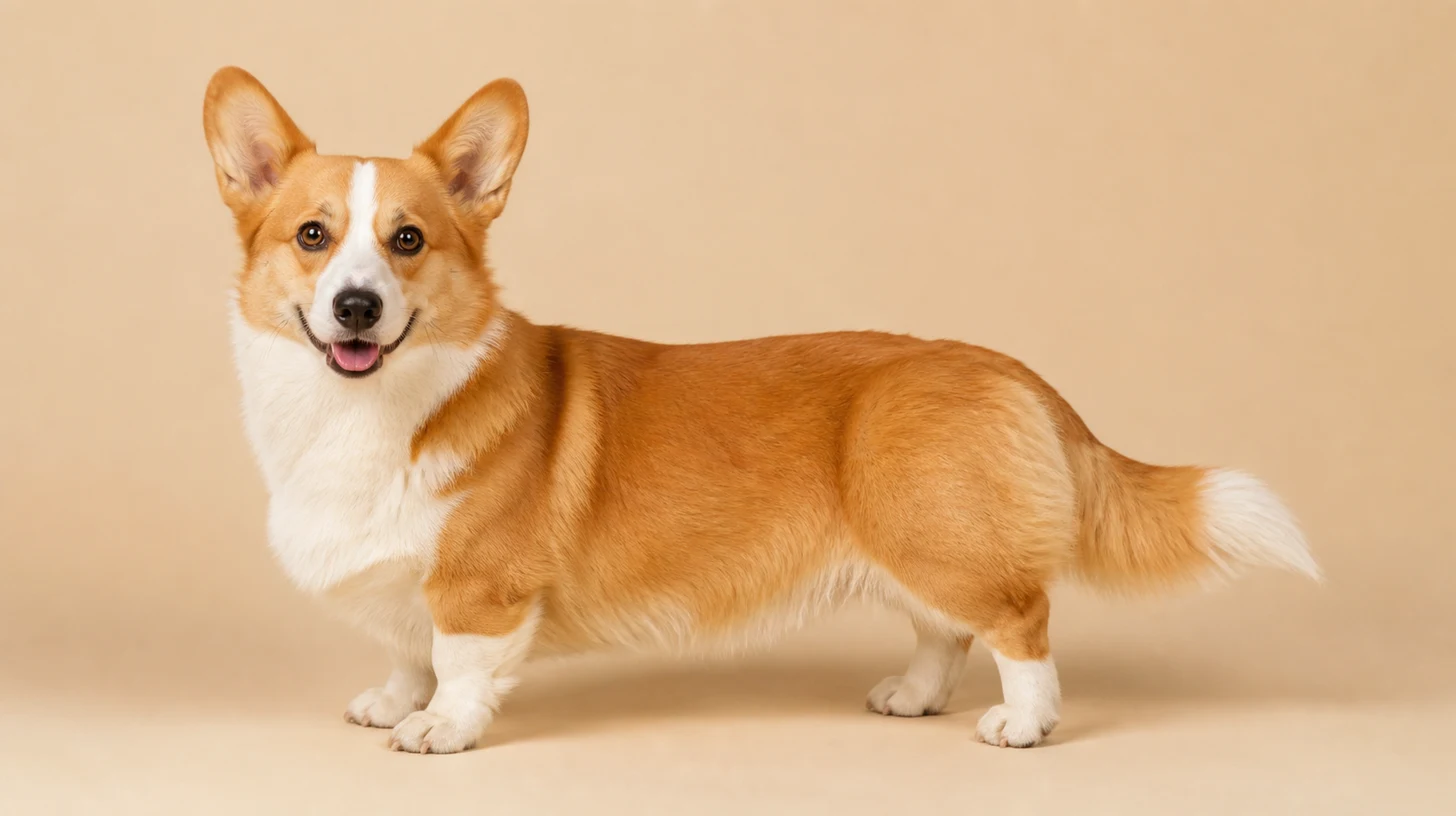Welsh Corgi Pembroke adulto, vermelho e branco, corpo longo, pernas curtas e orelhas eretas, fotografado sobre fundo bege