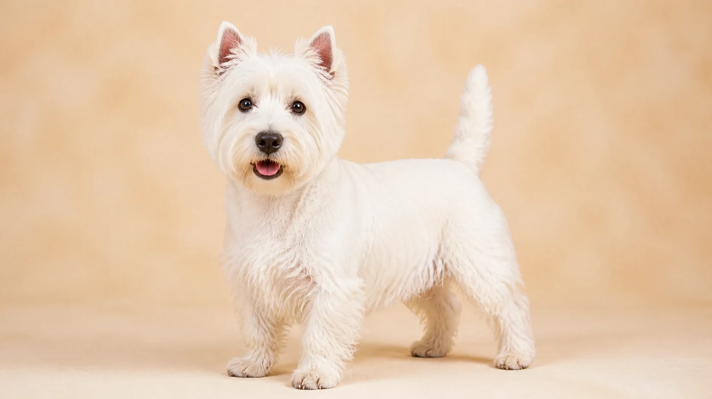 West Highland White Terrier adulto, branco, pequeno, orelhas eretas e pelagem áspera, fotografado sobre fundo bege