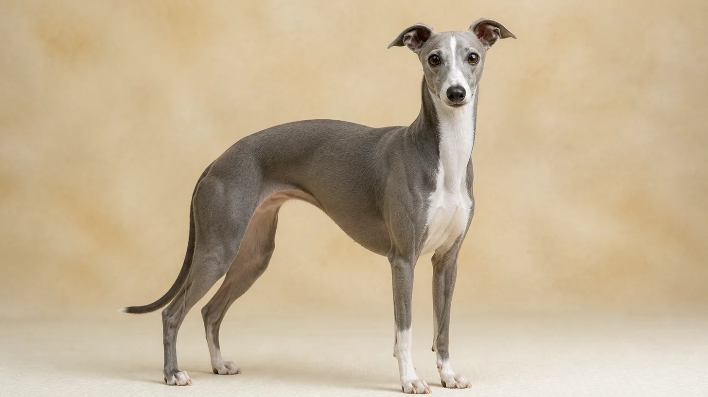 Whippet adulto cinza com peito branco em pé, olhando para a câmera