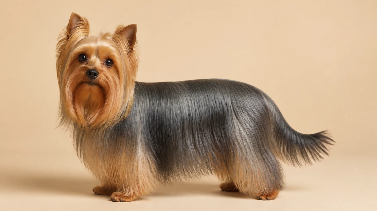 Yorkshire Terrier de pelagem azul-aço e dourada, em pé de corpo inteiro sobre fundo bege claro